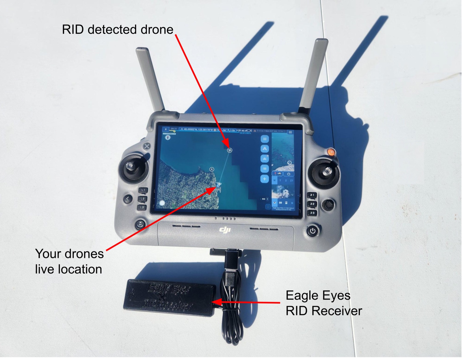 An Eagle Eyes RID receiver plugged into a DJI controller by USB, with labels pointing out the receiver, your own drone's live location on the map, and a nearby drone detected over Remote ID